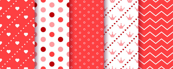 Valentine day background. Seamless pattern. Set cute textures. Red pink prints with heart, polka dot, zigzag. Retro backdrops for scrapbooking. Collection lovely wrapping papers. Vector illustration
