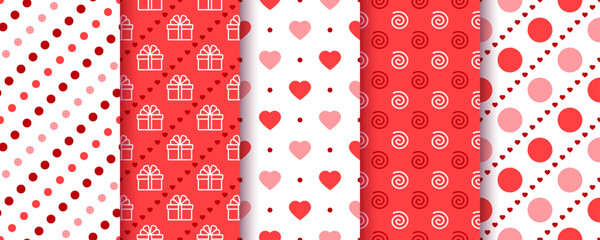 Valentine seamless pattern. Love backgrounds. Prints with hearts, circles and spirals. Set romantic red textures. Vintage girly wrapping paper. Vector illustration. Cute backdrops for scrapbooking