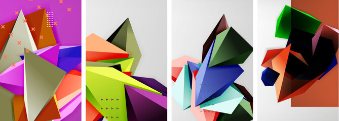 Trendy low poly 3d triangle shapes and other geometric elements background designs for wallpaper, business card, cover, poster, banner, brochure, header, website
