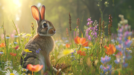 A rabbit sitting on its hind legs, sniffing the air, with a backdrop of tall grass and wildflowers - obrazy, fototapety, plakaty