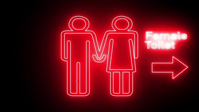 Red neon outline female toilet or restroom sign on a black background. Female sign. Sign women's toilet. Man and women toilet signs in neon lights animation