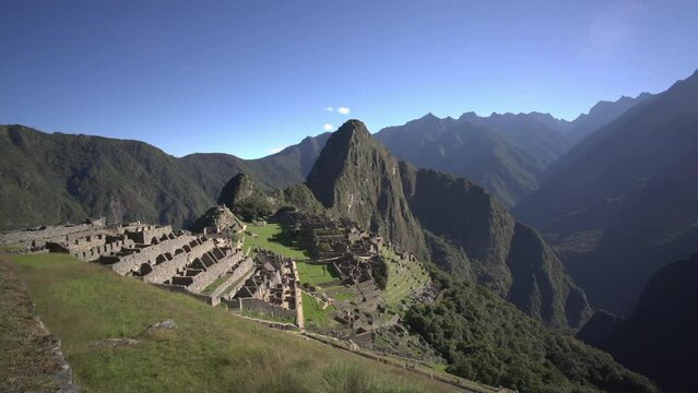 Machu Picchu, an ancient Incan citadel, perched amidst the majestic Andes. Surrounded by lush mountains, it captivates with its architectural splendour and breathtaking views.