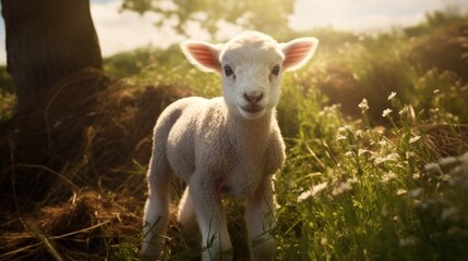 A little lamb is standing in a field. Agricultural industry.
