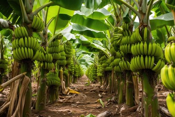 Banana tree plantation in nature with daylight. Industrial scale banana cultivation for worldwide export. - obrazy, fototapety, plakaty