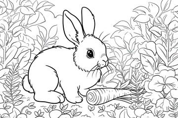 Coloring page outline of cartoon cute bunny or rabbit with carrot. Coloring book for kids.