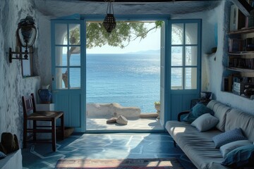 Fototapeta premium A living room facing the ocean in Greek island