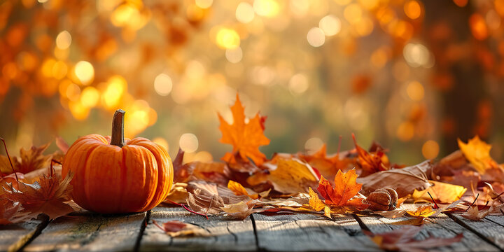 Thanksgiving background. Pumpkin and dry leaves