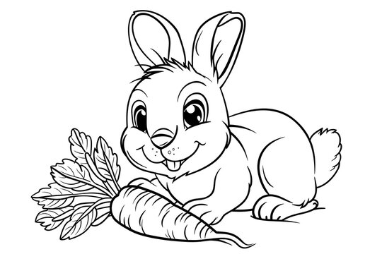 Coloring page outline of cartoon cute bunny or rabbit with carrot. Coloring book for kids.