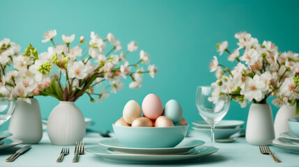 Obraz na płótnie Canvas Festive Easter table arrangement with pastel colored eggs and floral centerpiece for spring celebration