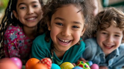 Diverse children playing with colorful Easter Eggs - obrazy, fototapety, plakaty