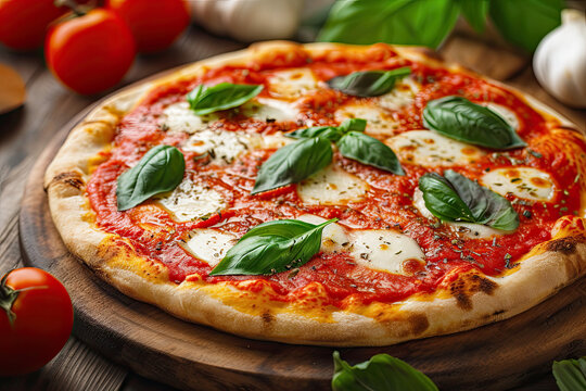 A classic Margherita pizza, freshly baked with vibrant tomato sauce, melting mozzarella, and fresh basil leaves on a thin, crispy crust. 