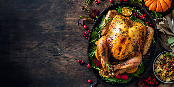 Top view Thanksgiving turkey on rustic wooden table - Powered by Adobe