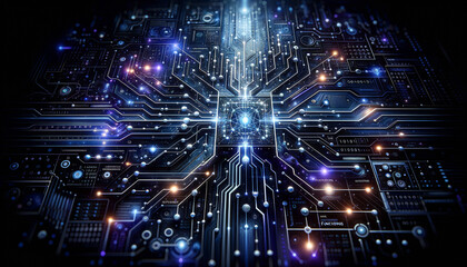 Abstract Futuristic Digital Landscape: Illuminated Nodes and AI Interface