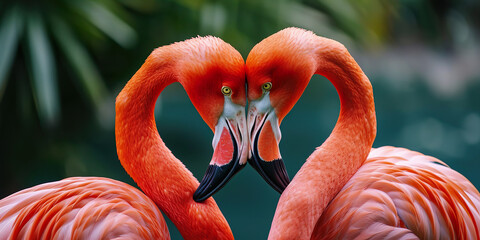 Obraz premium Two pink flamingos forming heart shape