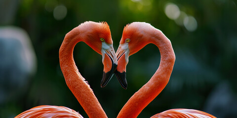 Two pink flamingos forming heart shape