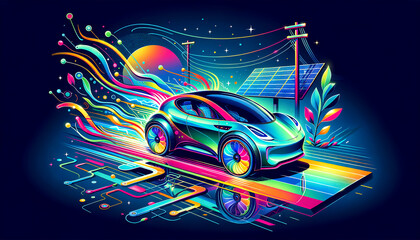 Whimsical Pop Futurism: Sleek electric vehicle gliding on solar-paneled road, vibrant colors