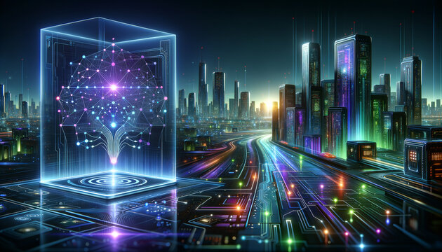 Futuristic support vector machine model analyzing data in a vibrant digital cityscape.