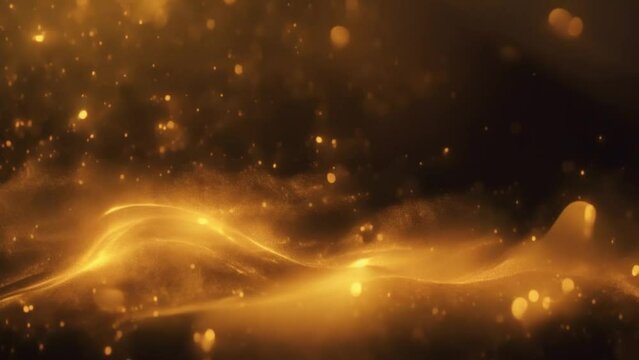 gold particles abstract background with golden shining stars dust bokeh glitter awards dust. Futuristic glittering fly movement flickering loop in space on black background