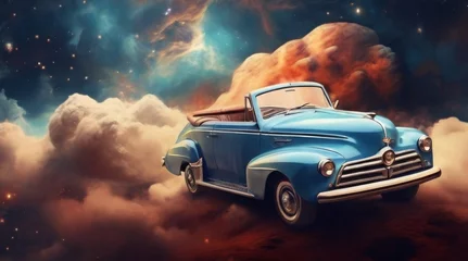 Fototapete Oldtimer vintage car on the space over cloud and nebula, background wallpaper background.