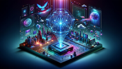 Futuristic dimensionality reduction with sleek central structure and flowing binary streams.