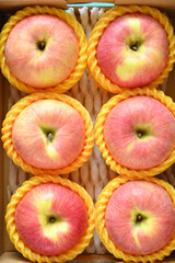 beautiful pink apple in the box on blue background