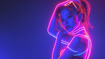 Banner with neon portrait of young woman, vibrant cyberpunk style, perfect for music posters, gaming ads, and tech fashion.