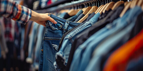 Woman shopping denim pants in clothing store
