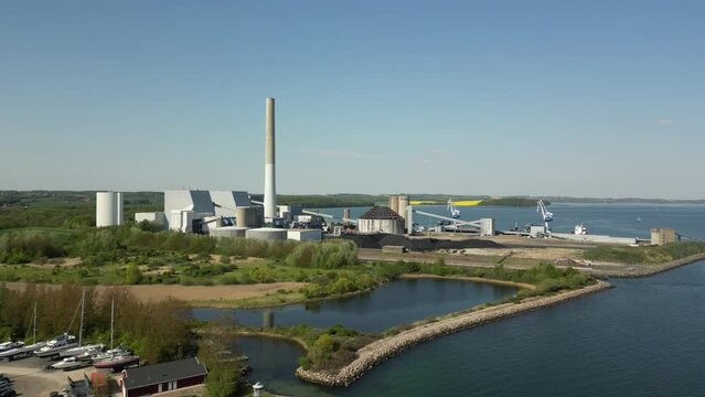 Drone recording of at Eg&aring; Marina, Kal&oslash;vig boat association. The drone flies towards the Studstrup plant.