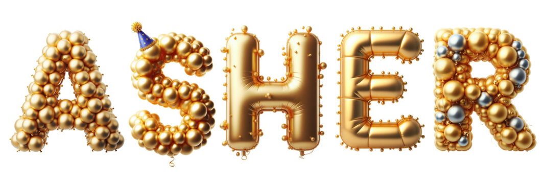 Asher Letters - Golden Balloon, 3D - Isolated on Transparent or White Background PNG - Best for Birthday Illustration Design