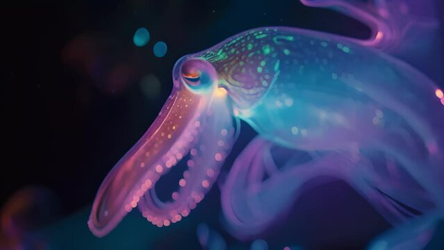 A hologram of a giant squid depicting its mive size and intricate tentacles as it glides through the dark depths of the ocean.