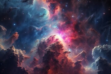 Abstract cosmic background featuring a blue-purple nebula and stars.