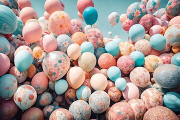 colorful balloons and decoration of the balloons in the room with colorful  lightning abstract background 