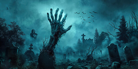 Zombie hands are rising from grave in spooky night