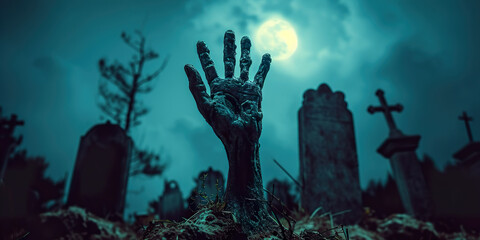 Zombie hands are rising from grave in spooky night