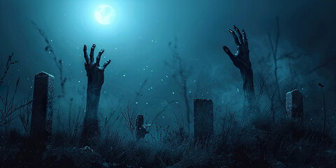 Fototapeta na wymiar Zombie hands are rising from grave in spooky night