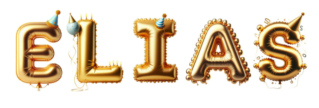 Elias Letters - Golden Balloon, 3D - Isolated on Transparent or White Background PNG - Best for Birthday Illustration Design