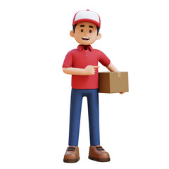 3D Delivery Man Character Pointing to the Left Pose with Parcel Box