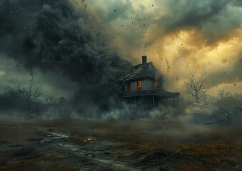 Fototapeta premium Houses collapsing in a hurricane