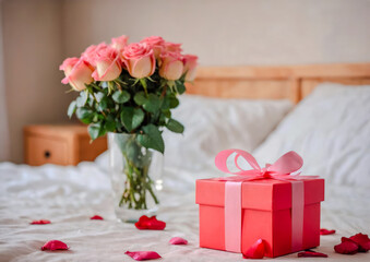 Bedroom with Rose and Petals on Bed, Copy Space .Valentine's Day