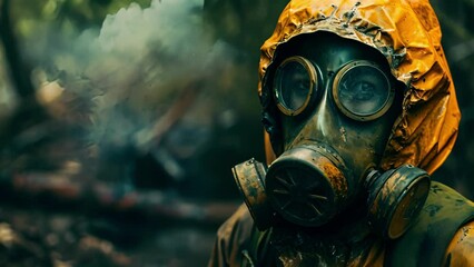 A closeup portrait of a pest control spet in a gas mask, as they apply chemical treatments to a termite area.