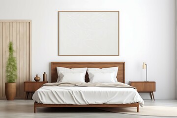 Fototapeta na wymiar Poster mockup in modern coastal style bedroom interior with sofa. Frame mock up 