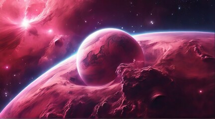 Abstract cosmic background featuring nebulae and a pink cloud atmosphere, along with a planet adorned with rings, serving as a wallpaper backdrop