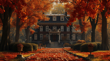 A colonial-style house with a symmetrical facade, framed by mature trees with autumn leaves in shades of red and gold.