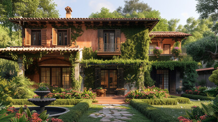 A Mediterranean-inspired villa with terracotta roofing, surrounded by lush greenery and a cascading fountain in the front yard.