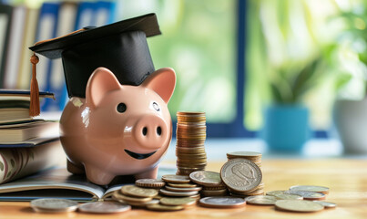 piggy bank wearing graduation cap, coin and book on a table. graduation suit hat. students loan issue. - obrazy, fototapety, plakaty