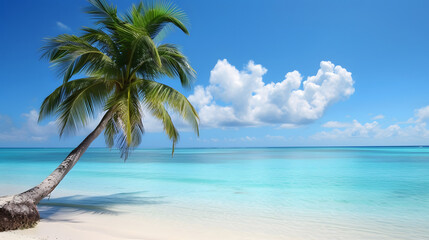 Fototapeta na wymiar Beach, toy beach, deskchair, dune, blue lagoon, coco tree, wooden boat, waves, sea, background for computer