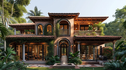 A Mediterranean-inspired villa with terracotta roofing, surrounded by lush greenery and a cascading fountain in the front yard. - Powered by Adobe