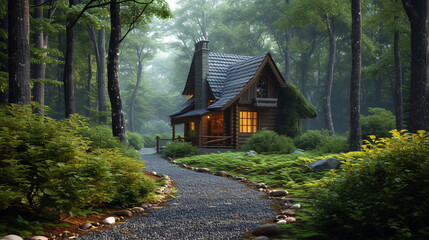 A rustic cottage nestled in the woods, surrounded by tall trees and a winding gravel pathway leading to its front door.
