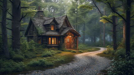 A rustic cottage nestled in the woods, surrounded by tall trees and a winding gravel pathway leading to its front door. - obrazy, fototapety, plakaty