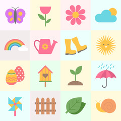 Spring season flat flower, leaf, cloud with square pattern background. Vector Illustration Graphic Design Set